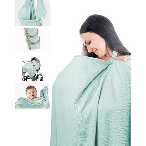 Muslin Nursing Covers for Breastfeeding, Hign Privacy & Breathable Nursing Cover Up for Breastfeeding, Cotton Breast Feeding Covers with Rounded Edge Arch Neckline (Green)