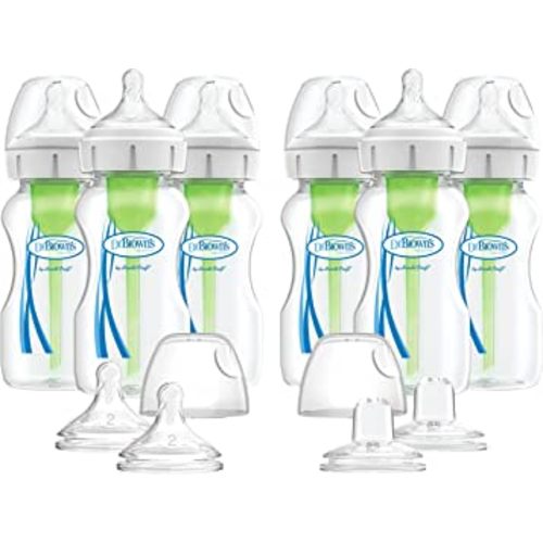 Dr. Brown’s Natural Flow® Anti-Colic Options+™ Wide Baby Bottles, 9 oz/270ml, with Level 1 Slow Flow Nipple, 6 Pack Plus 2 Bonus Level 2 Nipples and 2 Sippy Spouts