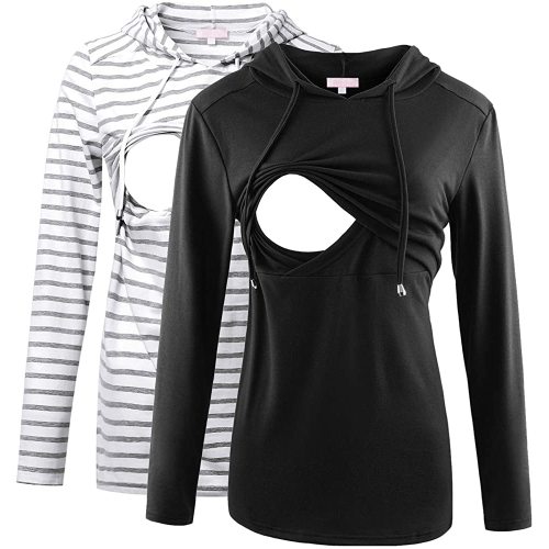 Bhome Nursing Shirt Long Sleeves Hoodie Breastfeeding Top Sweatshirt