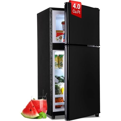 Mini Fridge with Freezer, 4.0 Cu. Ft. Double-Door Mini Refrigerator with 7-Level Adjustable Thermostat & Adjustable Glass Shelves, Compact Dorm Fridge 37 dB Low Noise for Bedroom, Apartment, Black