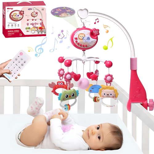 IFCOW Baby Crib Mobile with Music & Lights, Star Projection Mobile + Remote Control, Timing Function, Rotation, Hanging Rotating Animals Rattles, Baby Crib Toys for Boys Girls