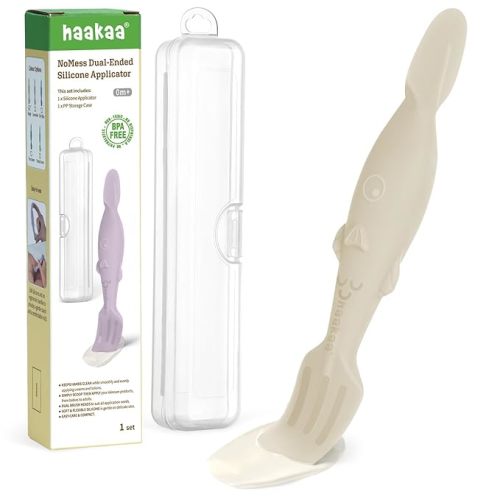 haakaa Baby Diaper Cream Spatula, NoMess Dual-Ended Silicone Diaper Rash Cream Applicator with Hygienic Case, Butt Spatula for Baby, Beige