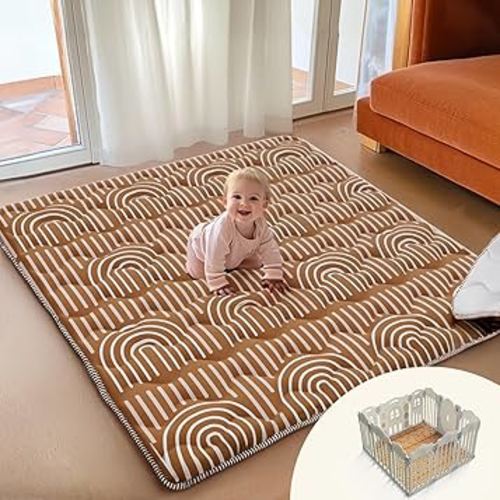 Soft Thicker Baby Mat for Floor 50"x50", Non-Slip Baby Play Mat, Easy to Clean 50x50 Playpen Mat, Portable Playmat, Crawling Mat for Infants, Babies, Toddlers, Activity Mat, Rainbow, Brown