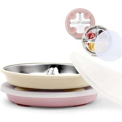 Stainless Steel Toddler Suction Plate with Lid, Deeper 9" Divided Plates with Removable Silicone Sleeves for Kids, Non Toxic & BPA Free | Unbreakable Baby Snack Dishes Set of 2,Pink & Beige