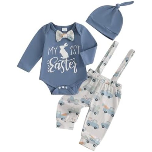 My First Easter Baby Boy Outfit Bunny Letter Print Long Sleeve Romper Suspender Pants Overalls Hat Clothes Set