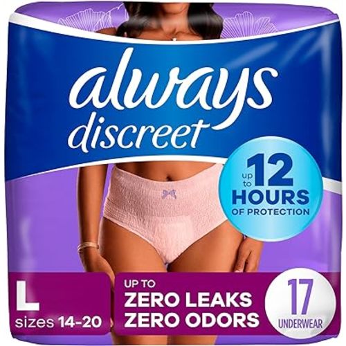 Always Discreet Adult Incontinence & Postpartum Underwear for Women, Maximum, Large, 17 Count (Packaging May Vary)