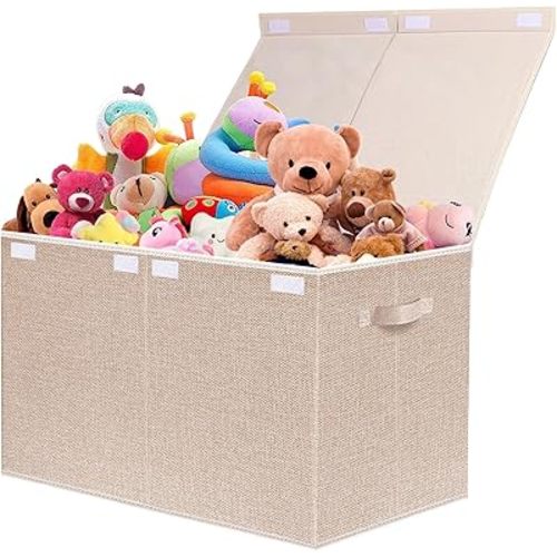 VERONLY Large Toy Box Chest Storage with Lid - Collapsible Kids Toys Boxes Organizer Bins Baskets with Handles for Boys, Girls, Nursery, Playroom, Clothes, Blanket, Bedroom(Beige)