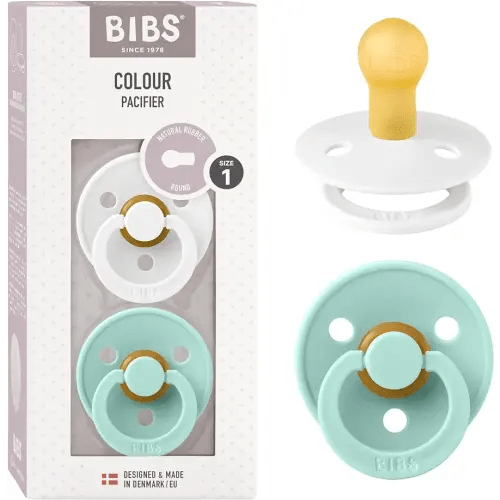 BIBS Colour Baby Pacifier 2-Pack | Made in Denmark | BPA Free Dummy Soother, Round Nipple. Natural Rubber Latex, Size 1 (0-6 Months), White/Mint