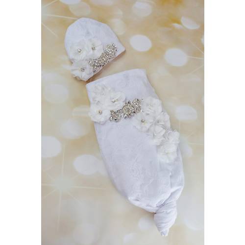 Newborn Baby Girl White Lace Baby Sack White Infant Layette Cotton Lace Baby Sack with and Rhinestones and Matching Hat