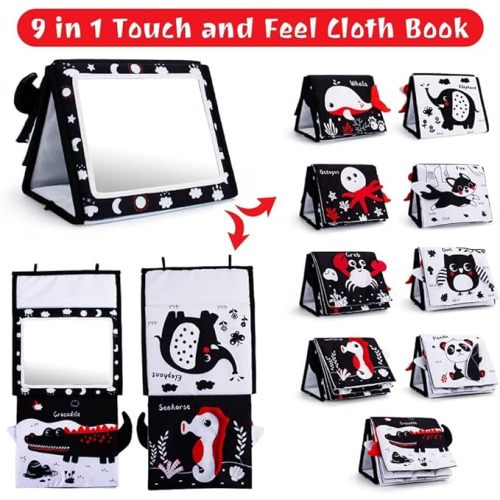 Tummy Time Mirror, Baby Tummy Time Toys with Soft Book, Black and White High Contrast Baby Toys, 3D Activity Sensory Montessori Toys Crawling Mat