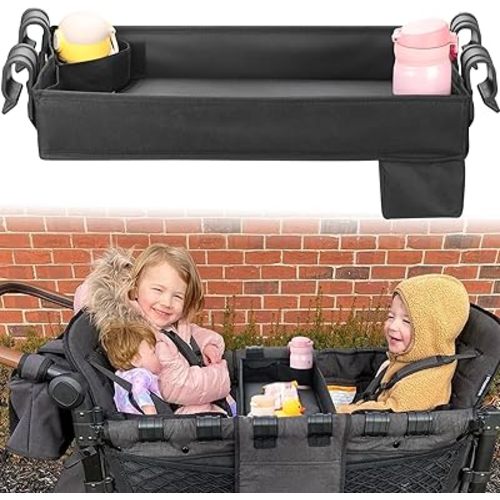 Upgraded Stroller Snack Tray for Wonderfold Wagon W2 Series - Kids Toy Placement - Faux Leather Sides - Easy to Clean - Deeper Cup Holder - Reinforced Sides