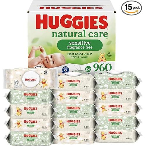 Huggies Natural Care Sensitive Baby Wipes, Unscented, Hypoallergenic, 99% Purified Water, 15 Flip-Top Packs (960 Wipes Total)