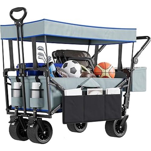 YITAHOME Large Collapsible Garden Cart w/Removable Canopy, Heavy Duty Outdoor Foldable Garden Cart w/Rear Storage and Flexible Swivel Wheels for Shopping, Picnic, Camping, Sports,Grey