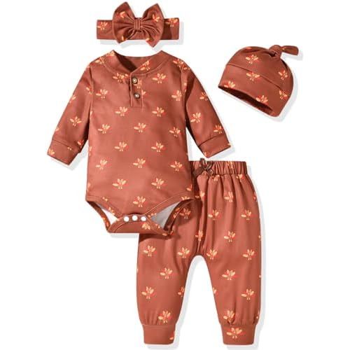 Aalizzwell Gender Neutral Long Sleeve Baby Ribbed Outfit with Hat & Headband