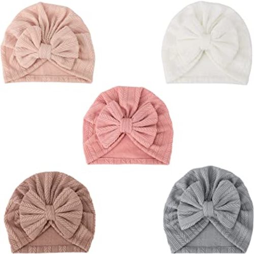 DRESHOW BQUBO 5 Pieces Newborn Baby Turban Hats Bow Baby Infant Beanie Breathable Toddler Cap for Baby Girls 3-12 Months