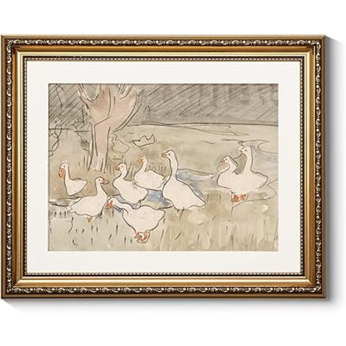 ARPEOTCY Vintage Gold Framed Wall Art, Farmhouse Nursery Duck Paintings, Rustic Canvas Prints Artwork with Antique Frame, Wall Decor Cute Duck Illustration Decorations for Home, 13x16 inch