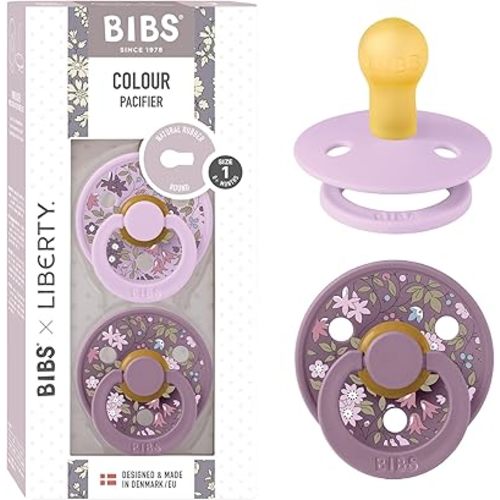 BIBS Liberty Pacifier | 2 Colour Natural Rubber Latex Soothers | BPA Free Dummy Pacifier | Round Nipple | Designed & Made in Denmark | Chamomile Lawn Violet Sky