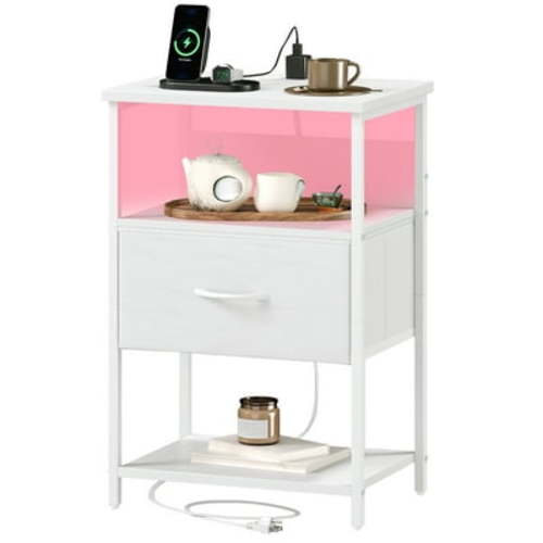 Somdot Bedside Table with Charging Station and LED, Small White Dresser with Drawer and Storage Shelfs