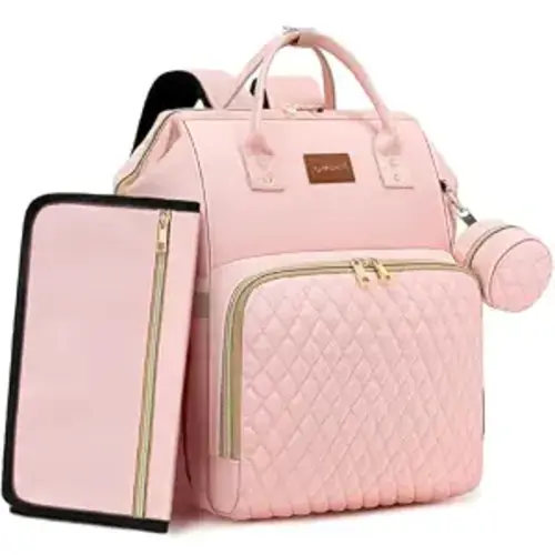 Pink Diaper Bag Backpack for Baby Girls - Baby Shower Gifts for Mom, Quilted Diaper Bag with Changing Pad, Pacifier Case, Insulated Pockets, Stroller Straps, 35L Large Capacity - Cute