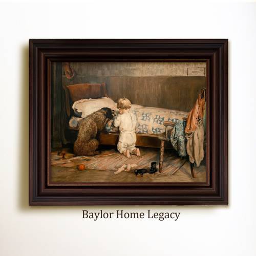 Framed Boy Praying Oil Painting Canvas Print, Framed Vintage Young Child and Dog Praying, Wall Art for Boys Room