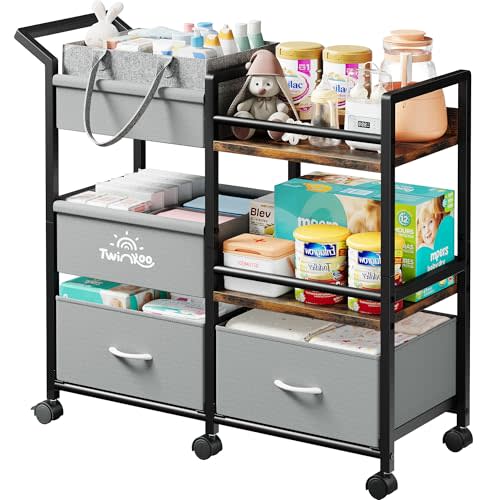 2-in-1 Baby Diaper Caddy Organizer, 3 Tier Sturdy Rolling Storage Cart with Dividers and Drawers, Baby Essentials for Nursery Storage, Mobile Utility Cart with Wheels Large Capacity Easy To Assemble
