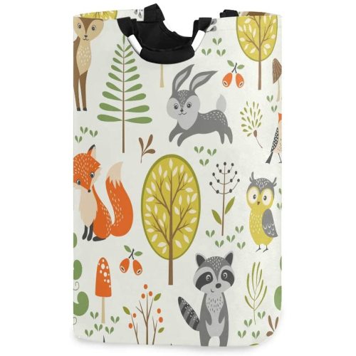 Laundry Hamper Bucket Cute Woodland Animals Trees Mushrooms Berries Collapses Laundry Basket Washing Bin for Home Organizer Nursery Storage Baby Hamper Kids Room