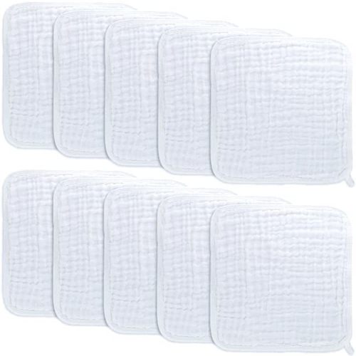 Baby Washcloths, Muslin Cotton Baby Towels, Large 10”x10” Wash Cloths Soft on Sensitive Skin, Absorbent for Boys & Girls, Newborn Baby & Toddlers Essentials Shower Registry Gift (White, Pack of 10)