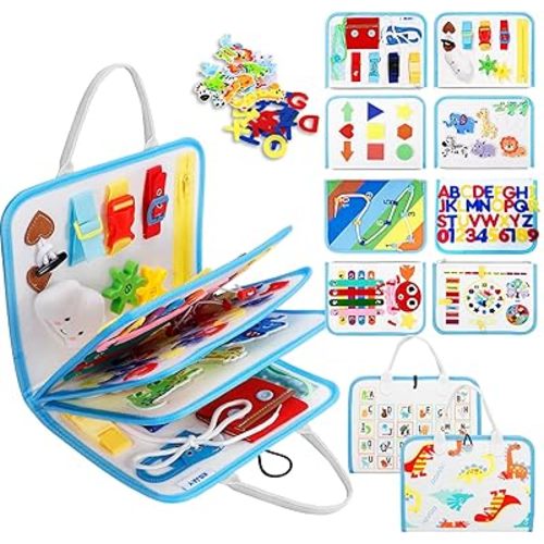 Esjay Toddler Busy Board Montessori Toys, Sensory Board Educational Activities for Learning Fine Motor Skills, Gifts for Girls Boys Toddlers, Travel Toys for Airplane Car,White Dinosaur