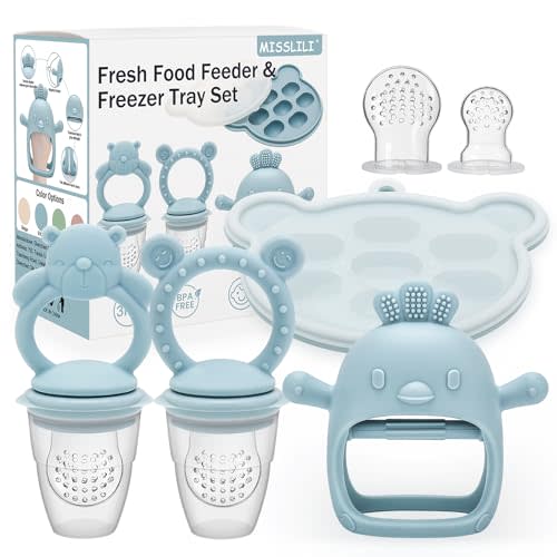 MISSLILI Baby Silicone Fruit Food Feeder Pacifier & Breastmilk Popsicle Freezer Molds,BPA Free Baby Food Storage Containers Frozen Ice Tray for Baby Feeding Safely, Infant Fruit Teething Toy (Blue)