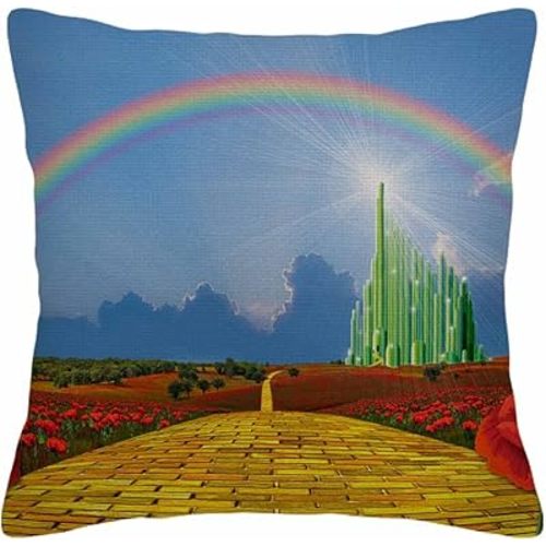 Husandy Throw Pillow Covers Fields Musical The Yellow Brick Road Leading Into Emerald City Land Poppy Rainbow Pillow Case 18x18 Inch Cushion Cover for Home Party Decor, (HUS-AN-DY049)