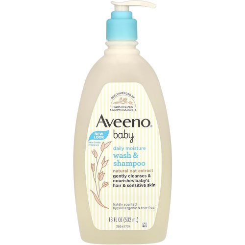 Aveeno Baby Daily Moisture Gentle Body Wash & Shampoo with Oat Extract, 2-in-1 Baby Bath Wash & Hair Shampoo, Tear- & Paraben-Free for Hair & Sensitive Skin, Lightly Scented, 18 fl. oz