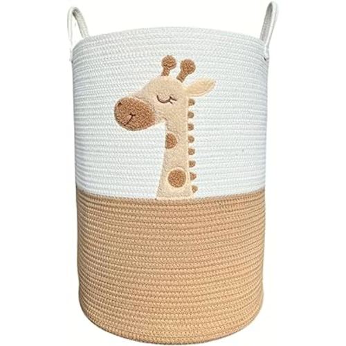 Large Giraffe Laundry Hamper for Nursery – 20" Tall Woven Rope Storage Basket for Baby Toys, Clothes, and Blankets – Cute Animal Nursery Decor with Handles – Soft & Durable Organizer Bin (White & Tan)