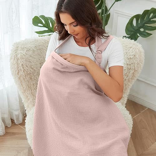 Nursing Cover for Baby Breastfeeding with Rigid Hoop, Breathable Soft 100% Muslin Cotton, Baby Breast Feeding & Pumping Apron, Multi Use Baby Car Seat Stroller Cover (Light Pink)