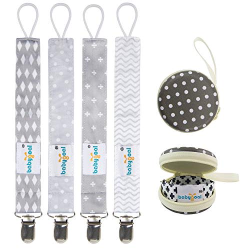 Babygoal Baby Pacifier Clips with Pacifier Case, 4 Pack Pacifer Holder for Girls and Boys Fits for All Pacifier Styles, Baby Toys and Baby Gift 4MP07-HZ