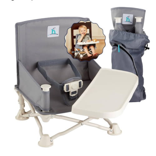 Hiccapop OmniBoost Travel Booster Seat with Tray for Baby, Dining Table, Camping, Beach, Grandma’s | Folding Portable Tip-Free Design Straps to Kitchen Chairs