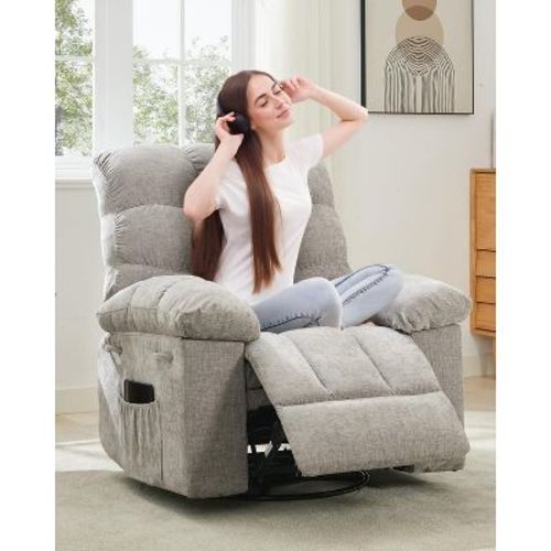 Recliner Chair, 360° Swivel Rocker Chair for Small Spaces, Upholstered Fabric Nursery Chair With Side Pockets for Living Room, Steel Frame, (Gray)
