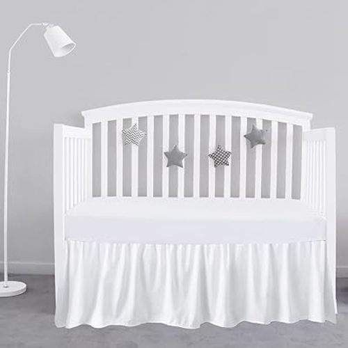 White Crib Bed Skirt 28" x 52" with 14" Drop - Dust Ruffle Crib Skirt with Split Corners - Soft Nursery Standard Crib Toddler Bedding Skirt for Baby Boys or Girls