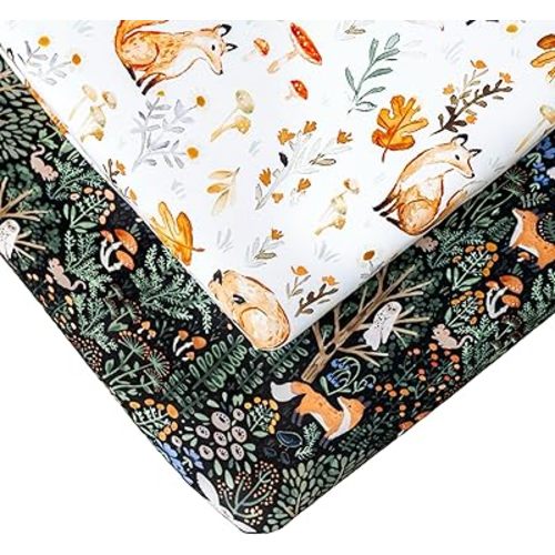 Jade&Kai 2-Pack Fitted Crib Sheets | Gently Made for Sensitive Skin | Premium Soft and Stretchy Viscose | Designed by Mamas (Woodland Foxes & Forest Fairytale)