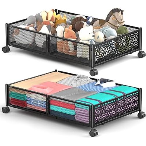 Under Bed Storage With Wheels, 2 Pack Foldable Pattern Carved Metal Under Bed Storage Containers, 60L Rolling Underbed Storage, Easy Assembly Under The Bed Storage for Shoes, Clothes, Blankets...