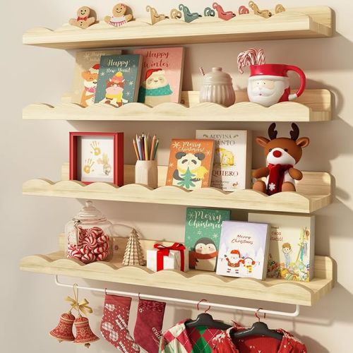 Fixwal Nursery Shelves, 24 Inch Floating Bookshelves for Wall Set of 4, Scalloped Wall Book Shelves with Towel Rack for Kids, Toddler Room, Baby Room, Nursery Decor and Storage(Natural Wood)