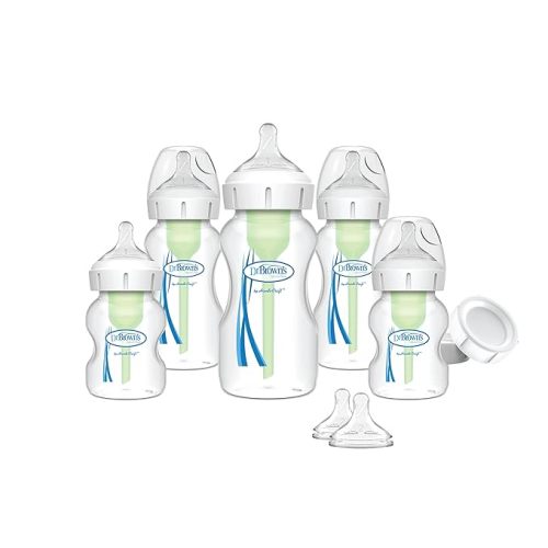 Dr. Brown's Natural Flow Anti-Colic Options+ Wide-Neck Baby Bottle Newborn Feeding Set with Baby Bottle Travel Caps