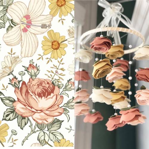 Floral baby girl crib mobile PEYTONS Vintage Inspired BOHO nursery decor mustard blush ivory