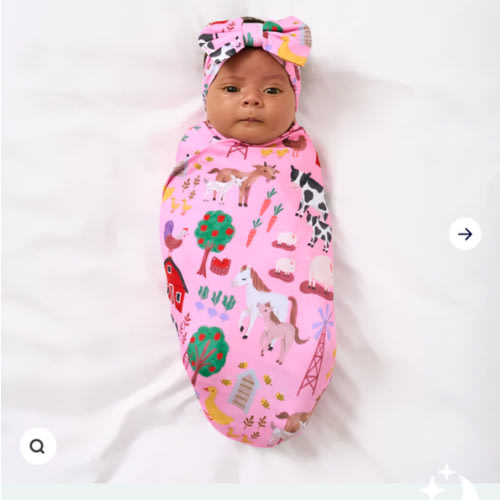 Pink Farm Fam Swaddle & Luxe Bow Headband Set | Little Sleepies
