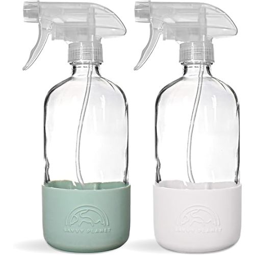 Glass Spray Bottles for Cleaning, Silicone Sleeve Bottom for Protection, Reusable Glass Spray Bottles 16 Oz With Adjustable Nozzle Settings (2 Pack)