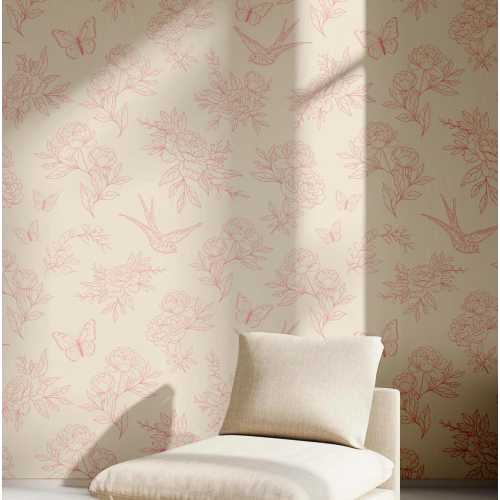 Pink toile wallpaper peel and stick pink floral wallpaper for nursery girl wall paper for bedroom flowers butterfly and birds wall decor