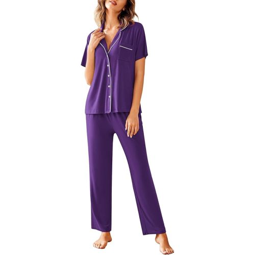 Avidlove Women Pajamas Set Notch Collar Soft Sleepwear Pjs Short Sleeve Button Down Nightwear with Long Pants