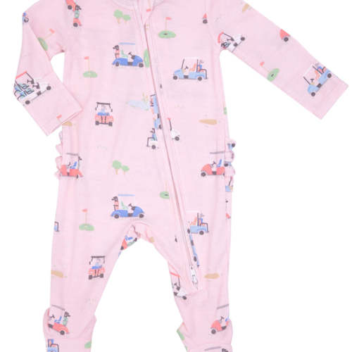 2-Way Zip Ruffle Footie, Golf Carts Pink