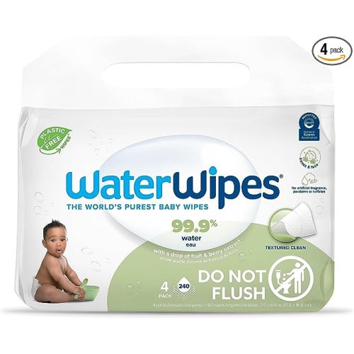 WaterWipes Plastic-Free Textured Clean, Toddler & Baby Wipes, 99.9% Water Based Wipes, Unscented & Hypoallergenic for Sensitive Skin, 240 Count (4 packs), Packaging May Vary - 60 Count (Pack of 4)