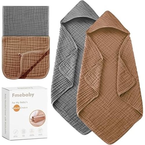 Hooded Baby Towels for Newborn, 2 Pack 36x36Inch Muslin Cotton Baby Bath Towel and 2 Pack 12x12Inch Washcloth Set with Hood for Babies, Toddler and Kids, Essentials Must Haves(Grey and Coffee)