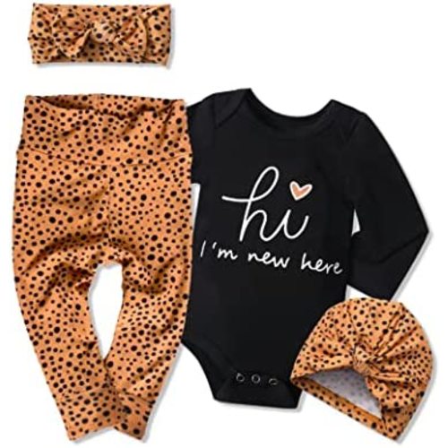 KANGKANG Newborn Baby Girl Clothes Hi I'm New Here Newborn Outfit Infant Romper Floral Pants Cute Baby Girl Outfits 4PC Set
